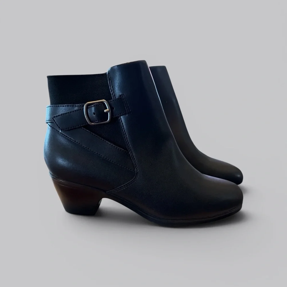 Women’s Clarks Black Leather Ankle Boots with Buckle Strap
